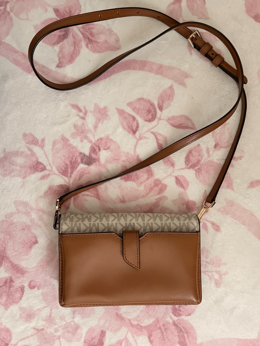 Michael Kors Beige Signature Crossbody with Brown Leather Strap - Picture 2 of 3